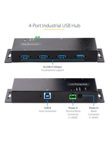 StarTech.com Hub Industrial USB 3.0 de 5Gbps de 4 Puertos - Concentrador USB con Protección de Picos y Descargas ESD - Ladrón US
