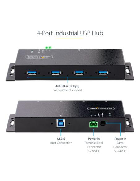StarTech.com Hub Industrial USB 3.0 de 5Gbps de 4 Puertos - Concentrador USB con Protección de Picos y Descargas ESD - Ladrón US