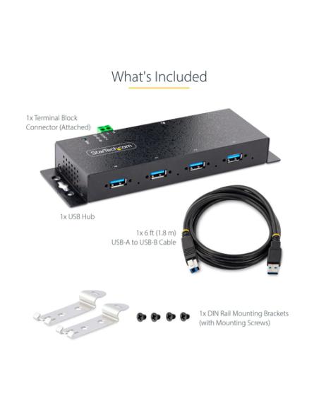 StarTech.com Hub Industrial USB 3.0 de 5Gbps de 4 Puertos - Concentrador USB con Protección de Picos y Descargas ESD - Ladrón US