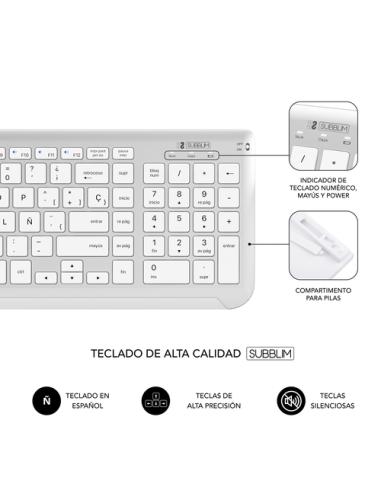 SUBBLIM Teclado con Ratón Bluetooth + 2.4G Combo Dual Prestige Extendido Plata/Blanco