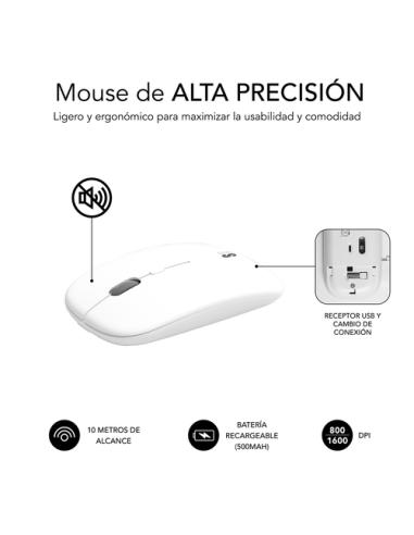 SUBBLIM Teclado con Ratón Bluetooth + 2.4G Combo Dual Prestige Extendido Plata/Blanco
