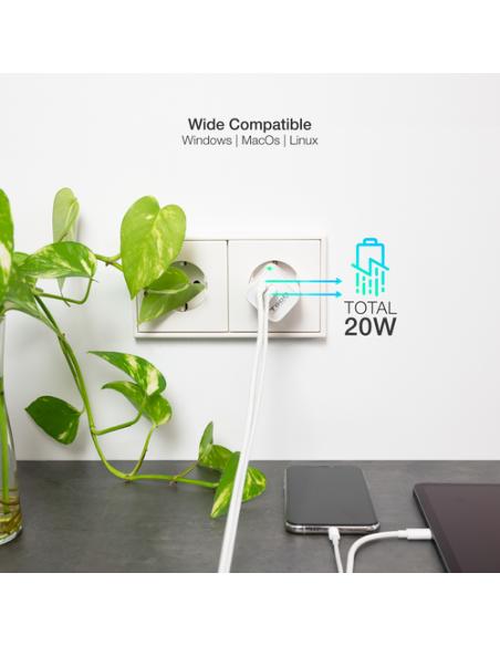 TooQ Cargador de Pared USB-C/PD + USB-A/QC 20W, Blanco