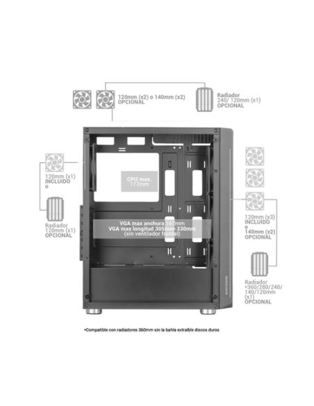 Mars Gaming MC-F, Semitorre Gaming ATX, Ventana Completa Cristal Templado, Frontal Metal-Mesh, 4X Ventiladores ARGB 120mm, Blanc
