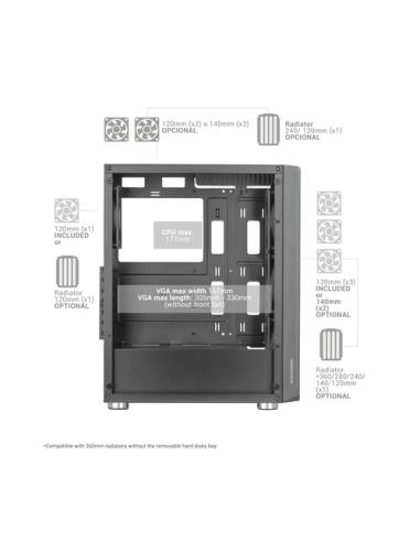 Mars Gaming MC-3000 Negro, Semitorre Gaming ATX, Ventana Completa Cristal Templado, Frontal Metal-Mesh, 4x Ventiladores 120mm