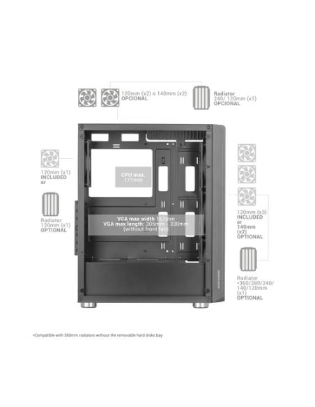 Mars Gaming MC-3000 Negro, Semitorre Gaming ATX, Ventana Completa Cristal Templado, Frontal Metal-Mesh, 4x Ventiladores 120mm