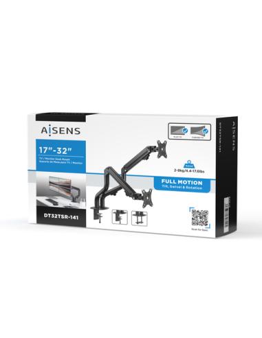 AISENS Soporte de Mesa ECO Contrapeso Giratorio e Inclinable para Monitor/TV 8Kg (3 Pivotes, 2 Brazos) de 17-32, Negro