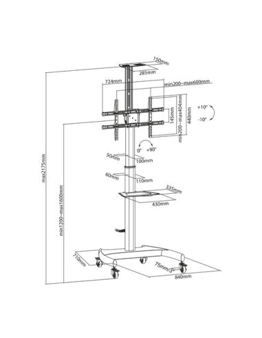 AISENS Soporte de Suelo ECO con Ruedas y Manivela, Bandeja para DVD y Soporte de Cámara para Monitor/TV 50Kg de 37-70, Negro