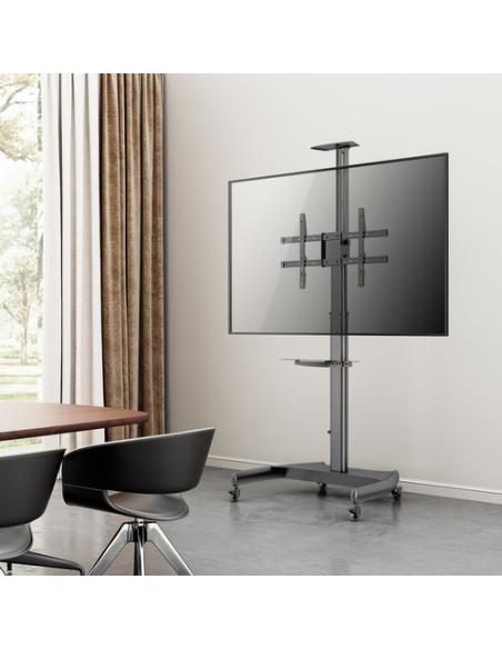 AISENS Soporte de Suelo ECO con Ruedas y Manivela, Bandeja para DVD y Soporte de Cámara para Monitor/TV 50Kg de 37-70, Negro