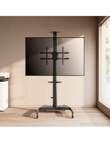 AISENS Soporte de Suelo ECO con Ruedas y Manivela, Bandeja para DVD y Soporte de Cámara para Monitor/TV 50Kg de 37-70, Negro