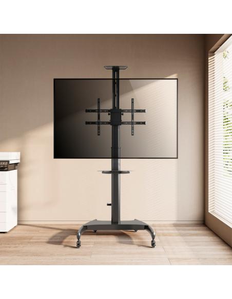 AISENS Soporte de Suelo ECO con Ruedas y Manivela, Bandeja para DVD y Soporte de Cámara para Monitor/TV 50Kg de 37-70, Negro
