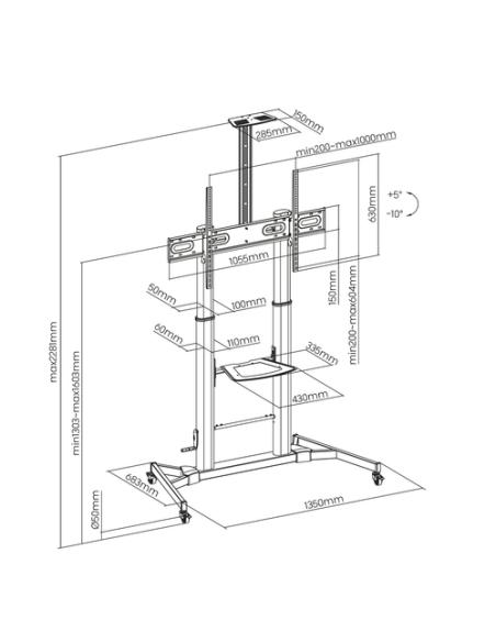 AISENS Soporte de Suelo ECO con Ruedas y Manivela, Bandeja para DVD y Soporte de Cámara para Monitor/TV 100Kg de 60-100, Negro