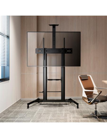 AISENS Soporte de Suelo ECO con Ruedas y Manivela, Bandeja para DVD y Soporte de Cámara para Monitor/TV 100Kg de 60-100, Negro
