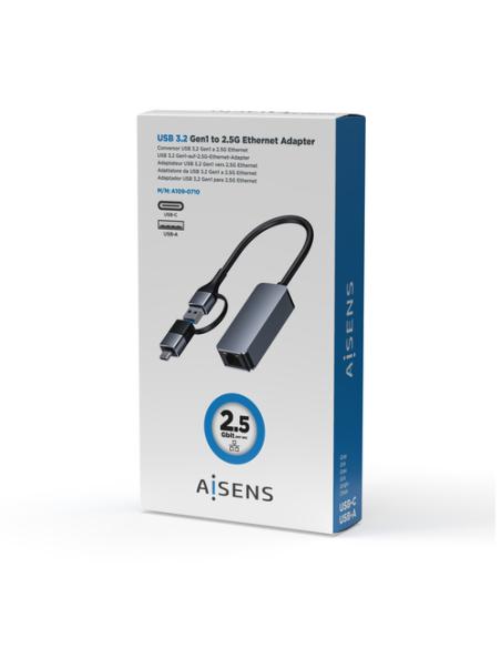AISENS Conversor USB3.2 Gen1 USB-A+USB-C a Ethernet 2.5G 10/100/1000/2500 Mbps, Gris, 15cm