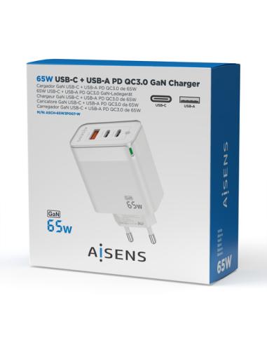 AISENS Cargador Gan 65W, 2xUSB-C PD3.0 QC4.0, 1xUSB-A QC3.0, Blanco