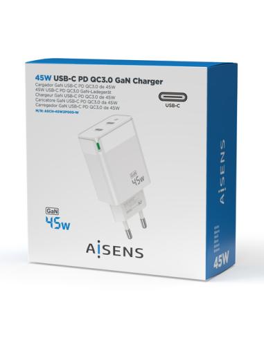 AISENS Cargador Gan 45W, 2xUSB-C PD3.0 QC4.0, Blanco