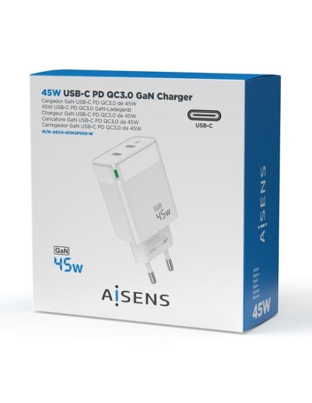 AISENS Cargador Gan 45W, 2xUSB-C PD3.0 QC4.0, Blanco