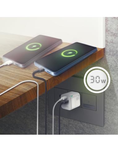 AISENS Cargador Gan 30W, 1xUSB-C PD3.0 QC4.0, 1xUSB-A QC3.0, Blanco