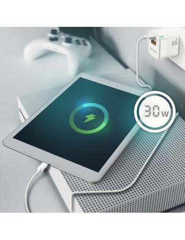 AISENS Cargador Gan 30W, 1xUSB-C PD3.0 QC4.0, 1xUSB-A QC3.0, Blanco