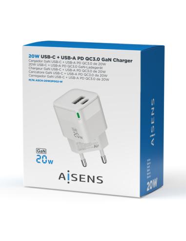 AISENS Cargador Gan 20W, 1xUSB-C PD3.0 QC4.0, 1xUSB-A QC3.0, Blanco