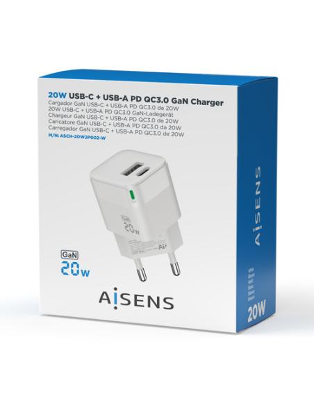 AISENS Cargador Gan 20W, 1xUSB-C PD3.0 QC4.0, 1xUSB-A QC3.0, Blanco