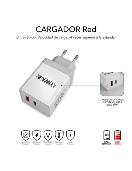 SUBBLIM CARGADOR ULTRA RAPIDO 2xUSB DE PARED PD25W+QC3.0+Cable C to C y lightning Blanco