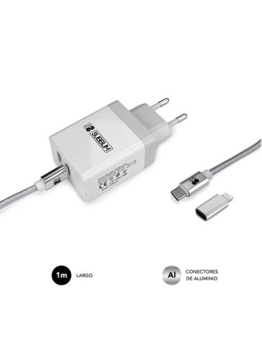 SUBBLIM CARGADOR ULTRA RAPIDO 2xUSB DE PARED PD25W+QC3.0+Cable C to C y lightning Blanco