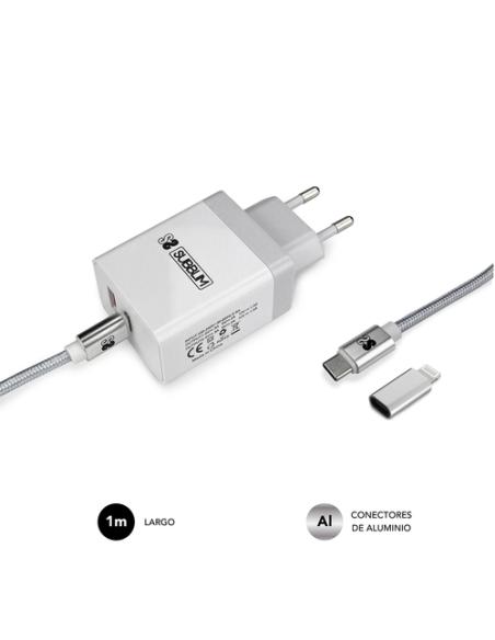 SUBBLIM CARGADOR ULTRA RAPIDO 2xUSB DE PARED PD25W+QC3.0+Cable C to C y lightning Blanco