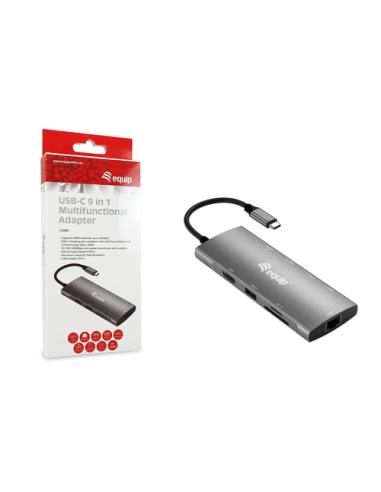 Equip Adaptador multifunción USB-C 9 en 1, HDMI 4K/60Hz, Gigabit LAN, USB 3.2 GEN1, SD/TF, 100W USB PD
