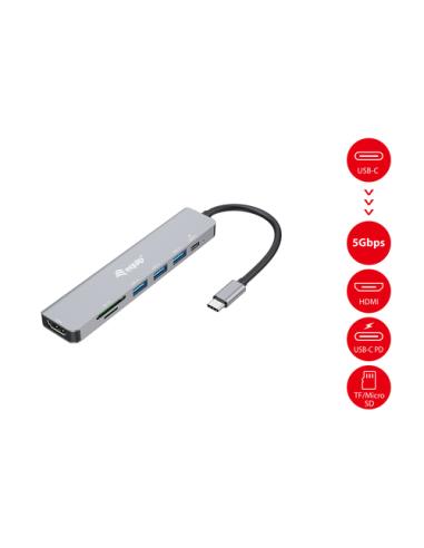 Equip 133494 Adaptador multifunción USB-C 7 en 1, HDMI 4K/60Hz, USB 3.2 Gen1 x 3 , TF/MICRO SD, 100W USB PD