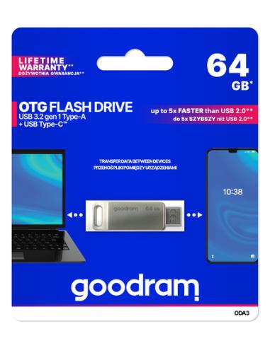 Goodram ODA3 unidad flash USB 64 GB USB Type-A / USB Type-C 3.2 Gen 1 (3.1 Gen 1) Plata