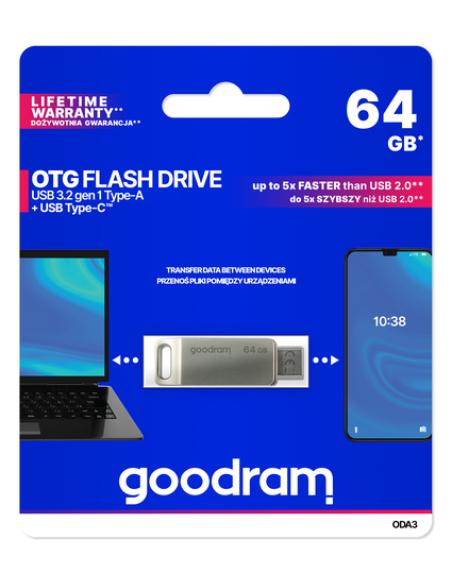 Goodram ODA3 unidad flash USB 64 GB USB Type-A / USB Type-C 3.2 Gen 1 (3.1 Gen 1) Plata