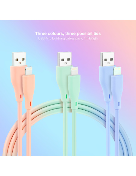 Nanocable 3 Cables Lightning a USB 2.0, Lightning M-USB A M, Rosa, Azul y Verde, 1 m