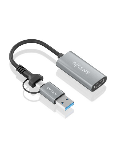 AISENS Conversor Aluminio USB-A+USB-C A HDMI 1080P@60Hz, USB-A M+USB-C M-HDMI H, Gris, 15cm