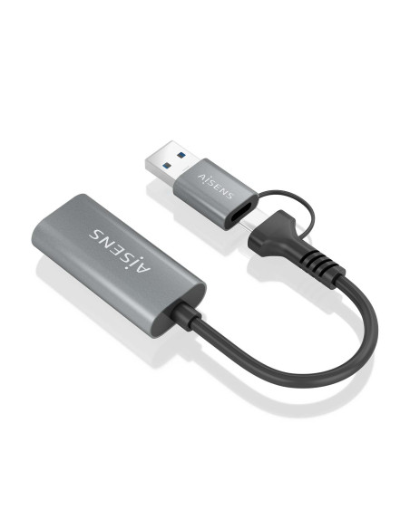 AISENS Conversor Aluminio USB-A+USB-C A HDMI 1080P@60Hz, USB-A M+USB-C M-HDMI H, Gris, 15cm