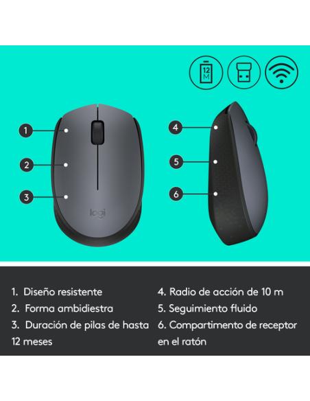 Logitech M170 Grey-K ratón Oficina Ambidextro RF inalámbrico Óptico 1000 DPI