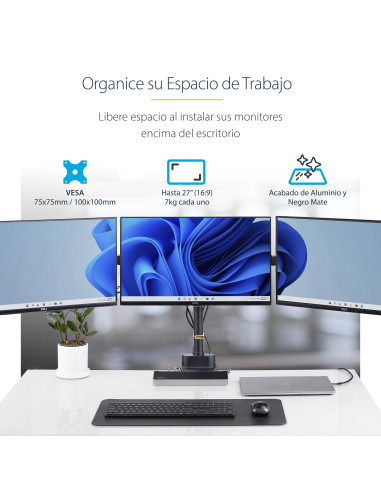 StarTech.com Soporte de Escritorio para 3 Monitores VESA 75x75 100x100 de 27 Pulgadas - Grommet o Abrazadera en C - Ajuste sin