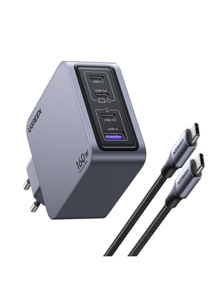 Ugreen Nexode Pro 160W GaN Charger with USB-C Cable Universal Negro, Gris Corriente alterna Carga rápida Interior