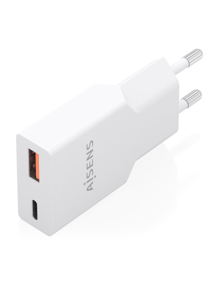 AISENS Cargador Ultra Delgado GaN 20W, 1xUSB-C PD3.0 QC4.0, 1xUSB-A QC3.0, Blanco