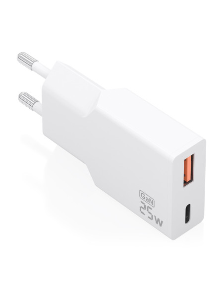 AISENS Cargador Ultra Delgado GaN 25W, 1xUSB-C PD3.0 QC4.0, 1xUSB-A QC3.0, Blanco