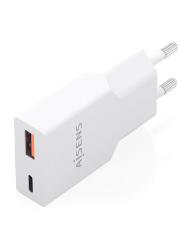 AISENS Cargador Ultra Delgado GaN 25W, 1xUSB-C PD3.0 QC4.0, 1xUSB-A QC3.0, Blanco