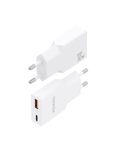 AISENS Cargador Ultra Delgado GaN 30W, 1xUSB-C PD3.0 QC4.0, 1xUSB-A QC3.0, Blanco