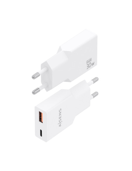 AISENS Cargador Ultra Delgado GaN 30W, 1xUSB-C PD3.0 QC4.0, 1xUSB-A QC3.0, Blanco