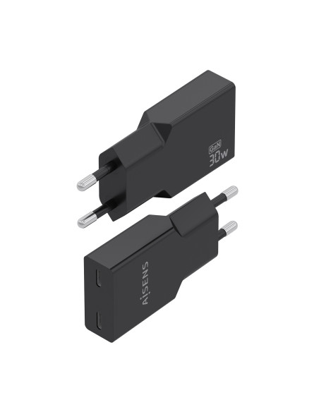 AISENS Cargador Ultra Delgado GaN 30W, 2xUSB-C PD3.0, Negro