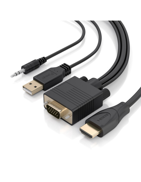 AISENS Cable Conversor HDMI a SVGA+Audio, HDMI A M-SVGA M+Jack 3.5 M+USB-A M, Negro, 1.0m