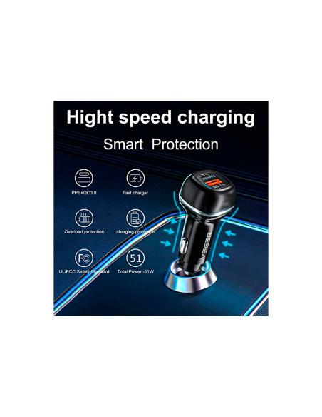 Veger Cargador Coche USB-A y USB-C 51W PD30W + QC18W