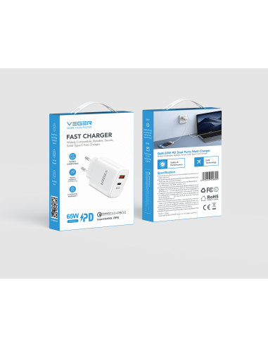 VEGER 65W1A1C cargador de dispositivo móvil Ordenador portátil, Teléfono móvil, Netbook, Portátil, PDA, Universal Blanco USB