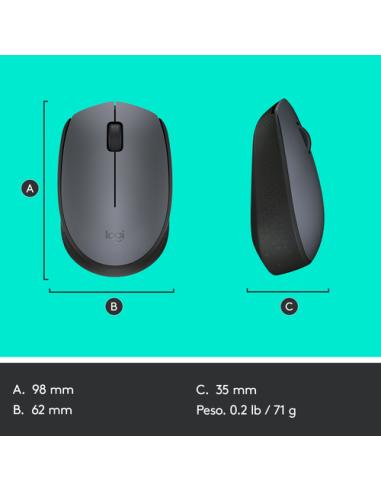 Logitech M170 Grey-K ratón Oficina Ambidextro RF inalámbrico Óptico 1000 DPI