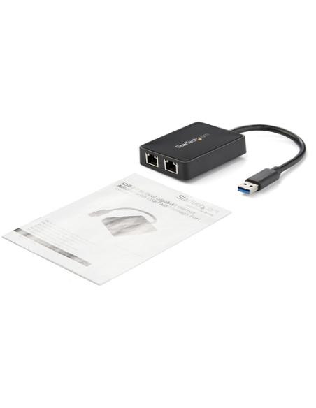 StarTech.com Adaptador Tarjeta de Red NIC Externa USB 3.0 2 Puertos Gigabit Ethernet RJ45 y Puerto USB