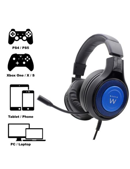 Ewent PL3322 auricular y casco Auriculares Alámbrico Banda para cuello Juego Negro, Azul