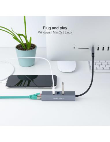 Nanocable Conversor USB 3.0 a Ethernet Gigabit + 3XUSB 3.0, Aluminio, Gris, 15 cm
